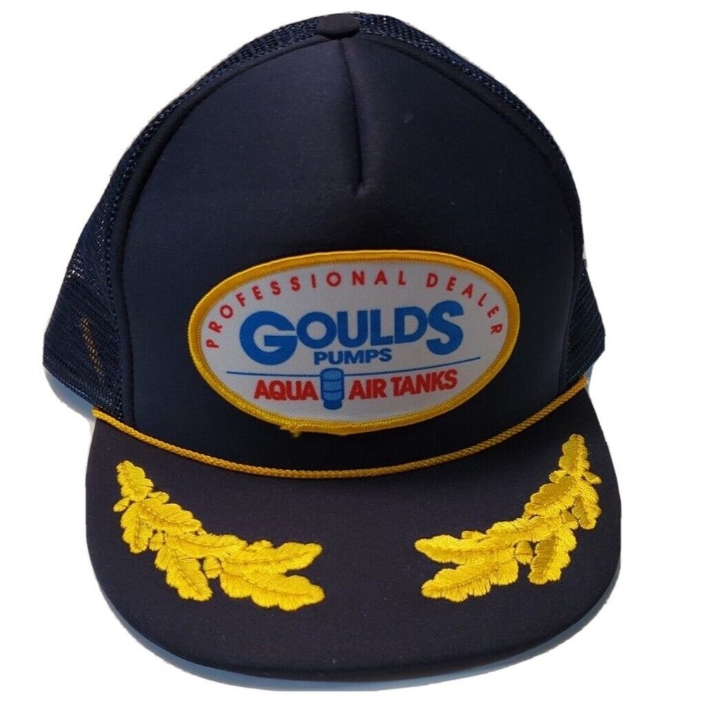 Vintage Goulds Pumps Mesh Snapback Patch Trucker Hat Cap Navy Blue Gold Cord Adj